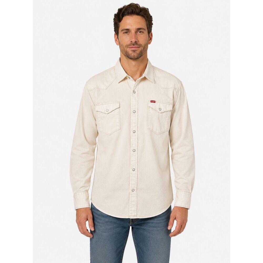 Wrangler Western Shirt Mens XL Beige Pearl Snap Cowboy Ranchwear Long Sleeve